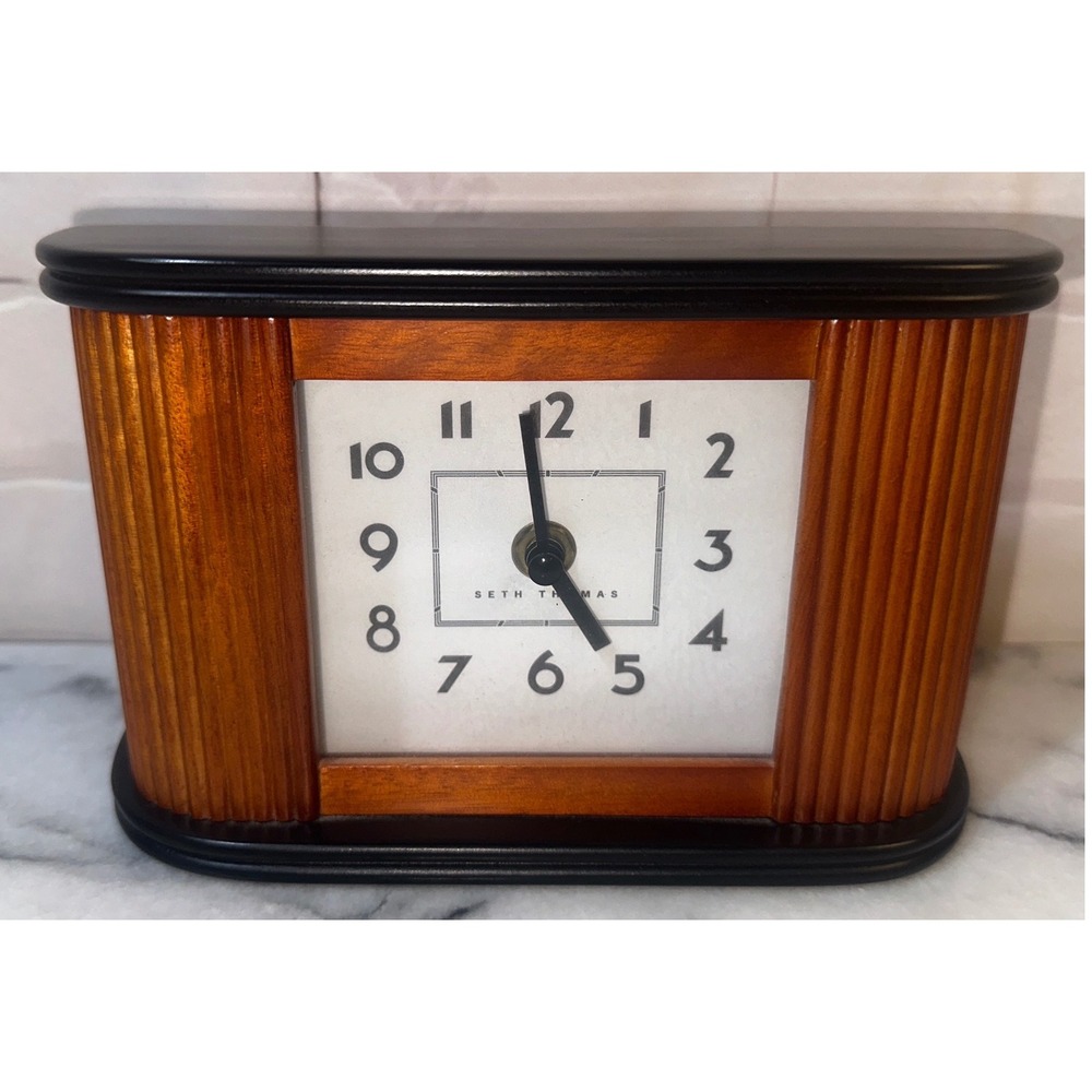 Seth Thomas Art Deco Style Wood Mantle Clock Brown Black Quartz Analog Vintage